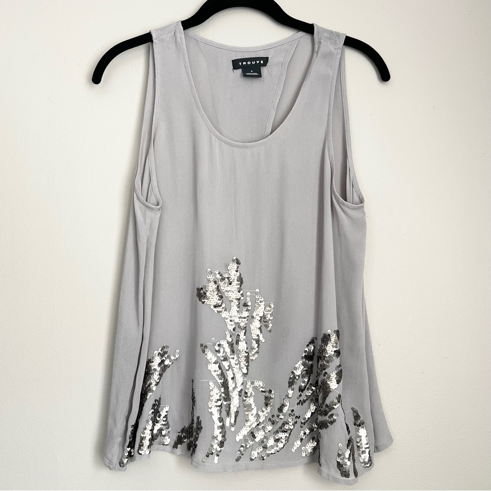 Sheer Gray Sleeveless Top w/ Silver Sequins Small Open Cross Back Drop Shoulder